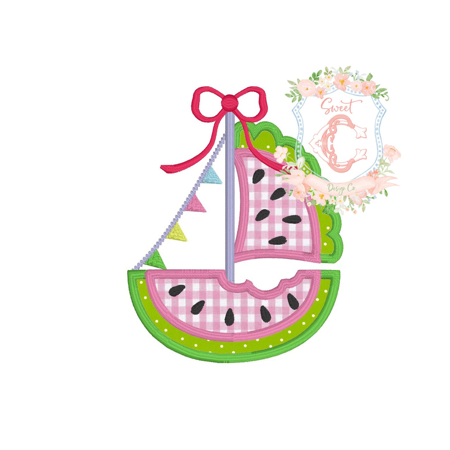 Watermelon Scallop Sailboat Satin Stitch Applique