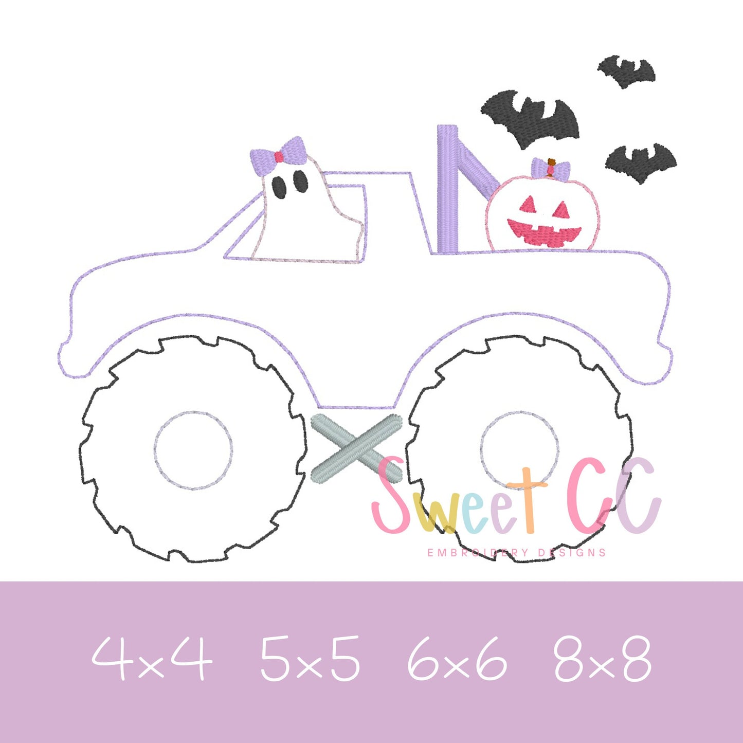 Spooky Bow Monster Truck Bean Stitch Applique Machine Embroidery Design 4x4 5x5 6x6 8x8 Halloween ghost pumpkin bats