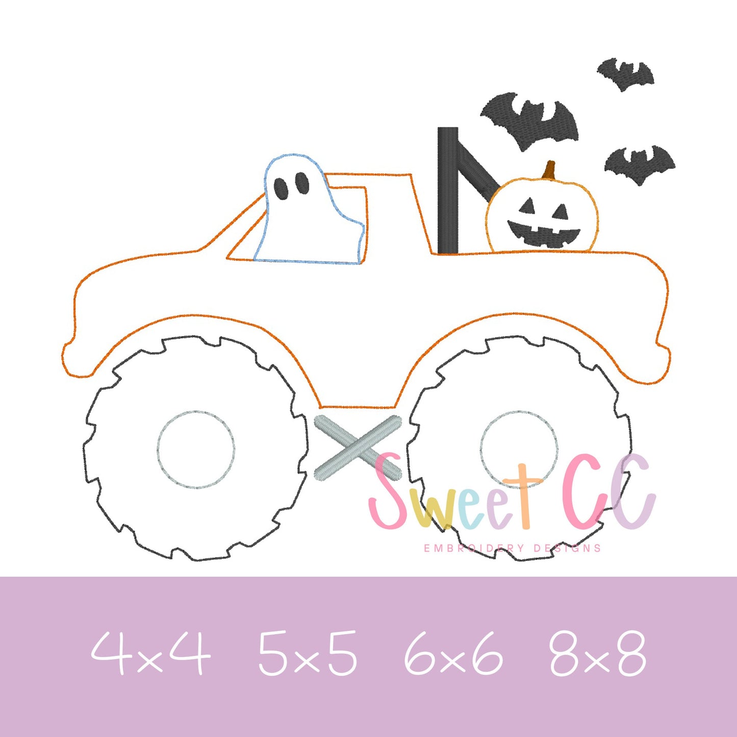 Spooky Monster Truck Bean Stitch Applique Machine Embroidery Design 4x4 5x5 6x6 8x8 Halloween ghost pumpkin bats