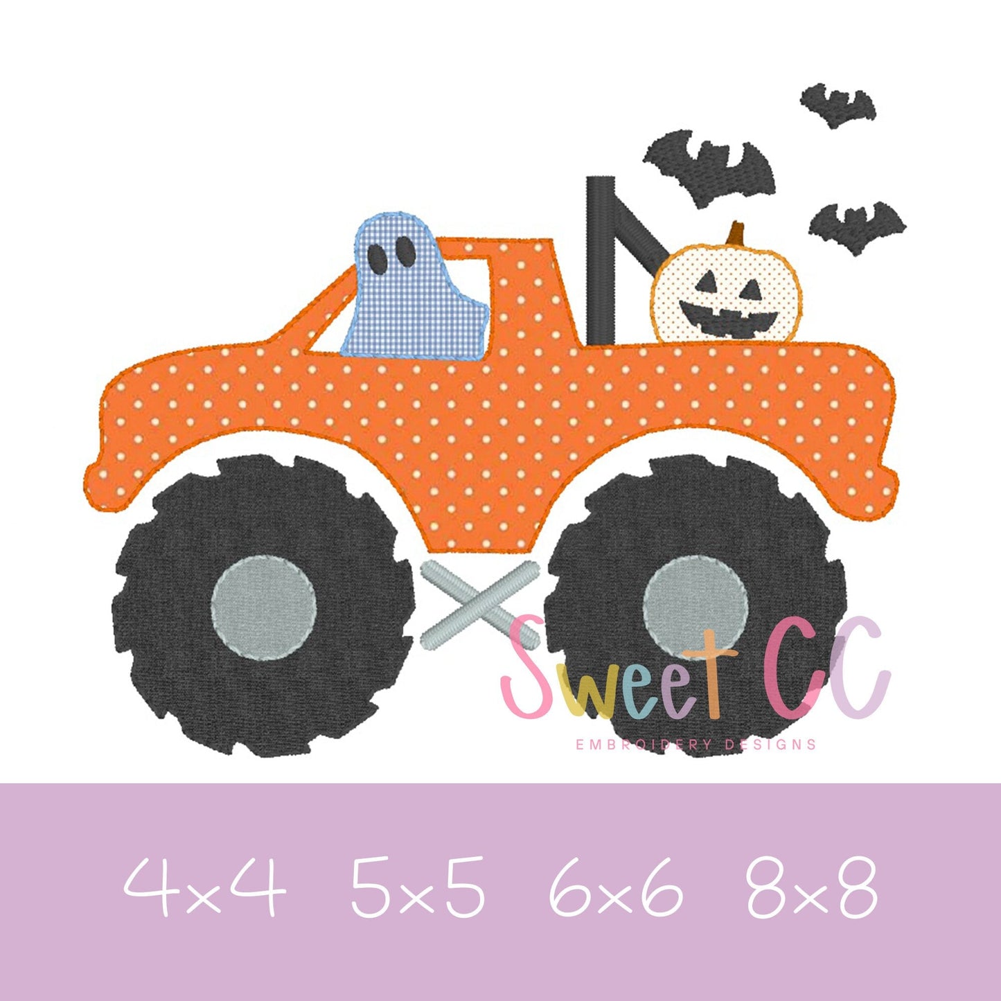 Spooky Monster Truck Bean Stitch Applique Machine Embroidery Design 4x4 5x5 6x6 8x8 Halloween ghost pumpkin bats