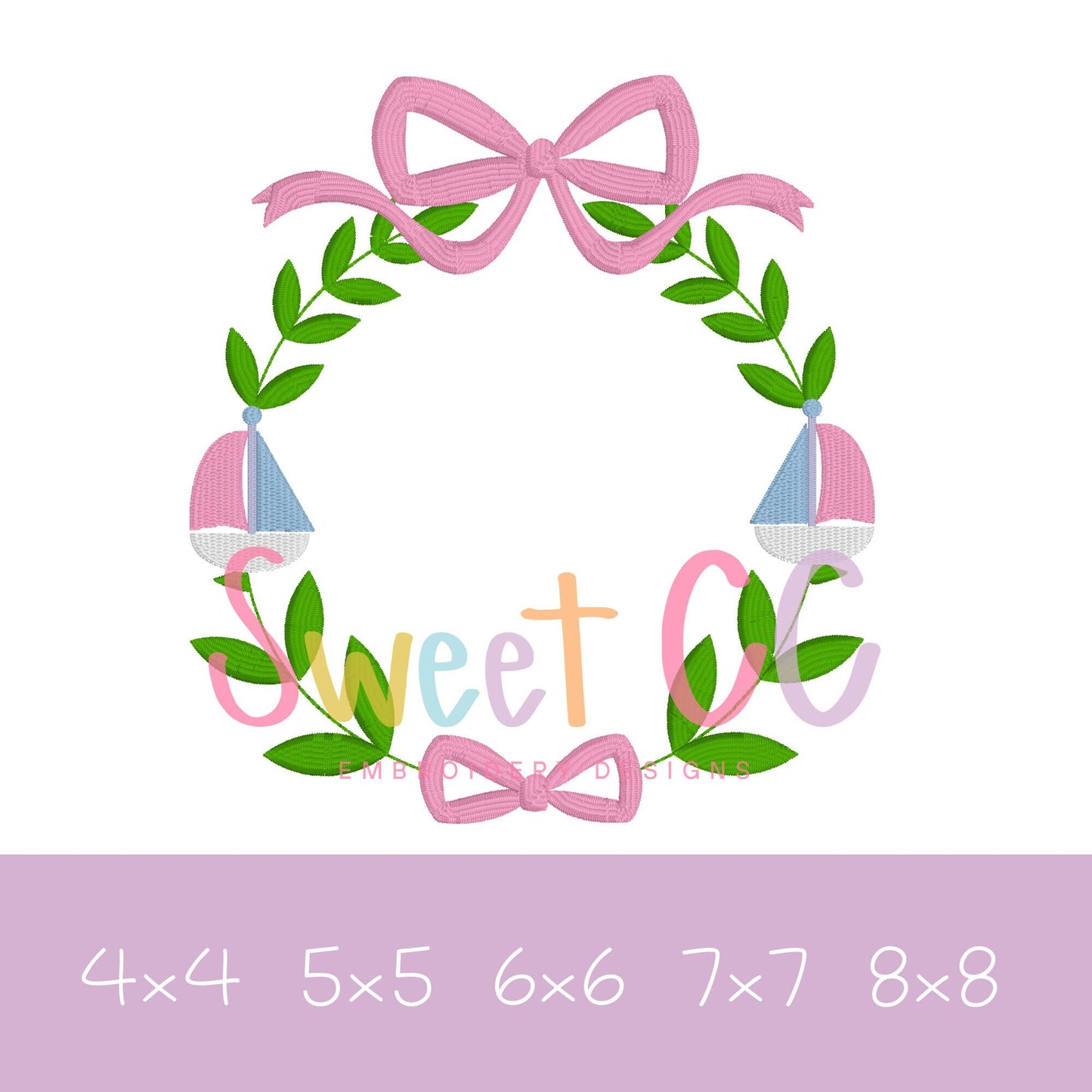 Sailboat Heirloom Wreath Fill Stitch Machine Embroidery Design 4x4 5x5 6x6 7x7 8x8 bow, crest, frame, door sash