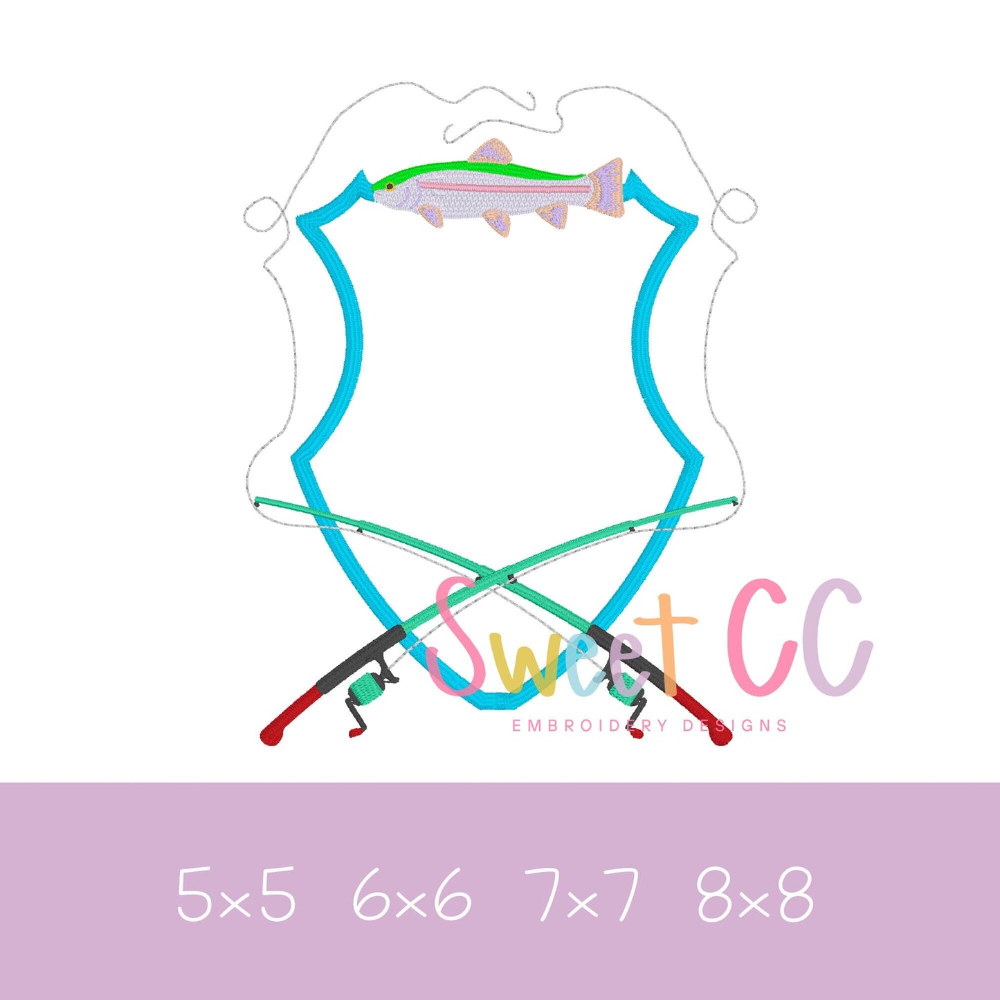 Fishing Crest Fill Stitch Machine Embroidery Design 5x5 6x6 7x7 8x8 flowers, crest, frame, door sash, rainbow trout
