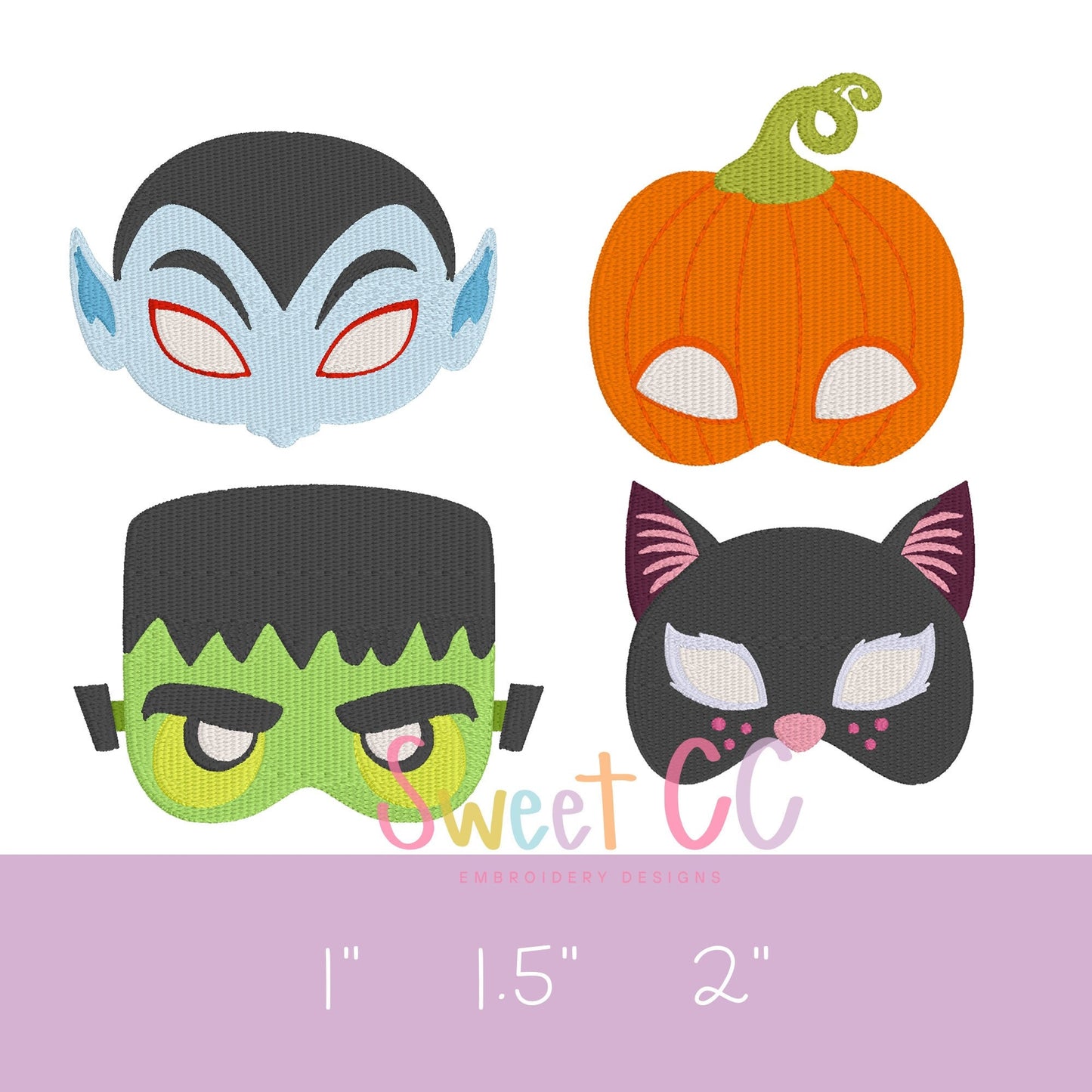 Monster Mask Bundle Mini Fill Stitch Machine Embroidery Design 1" 1.5" 2" halloween cat vampire pumpkin