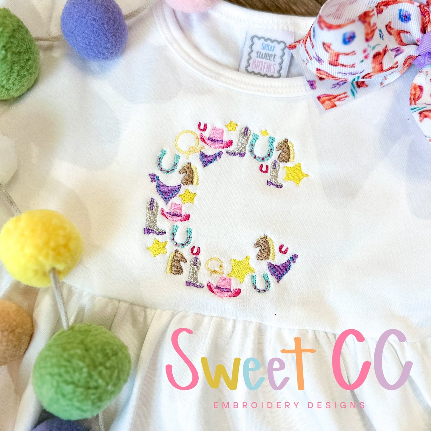 Letter C Western Font Fill Stitch Machine Embroidery Design 4", 5", 6", 7" cowgirl, cowboy, boots, horseshoe, pony, horse