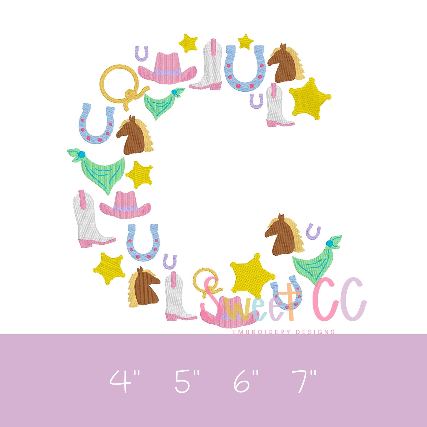 Letter C Western Font Fill Stitch Machine Embroidery Design 4", 5", 6", 7" cowgirl, cowboy, boots, horseshoe, pony, horse