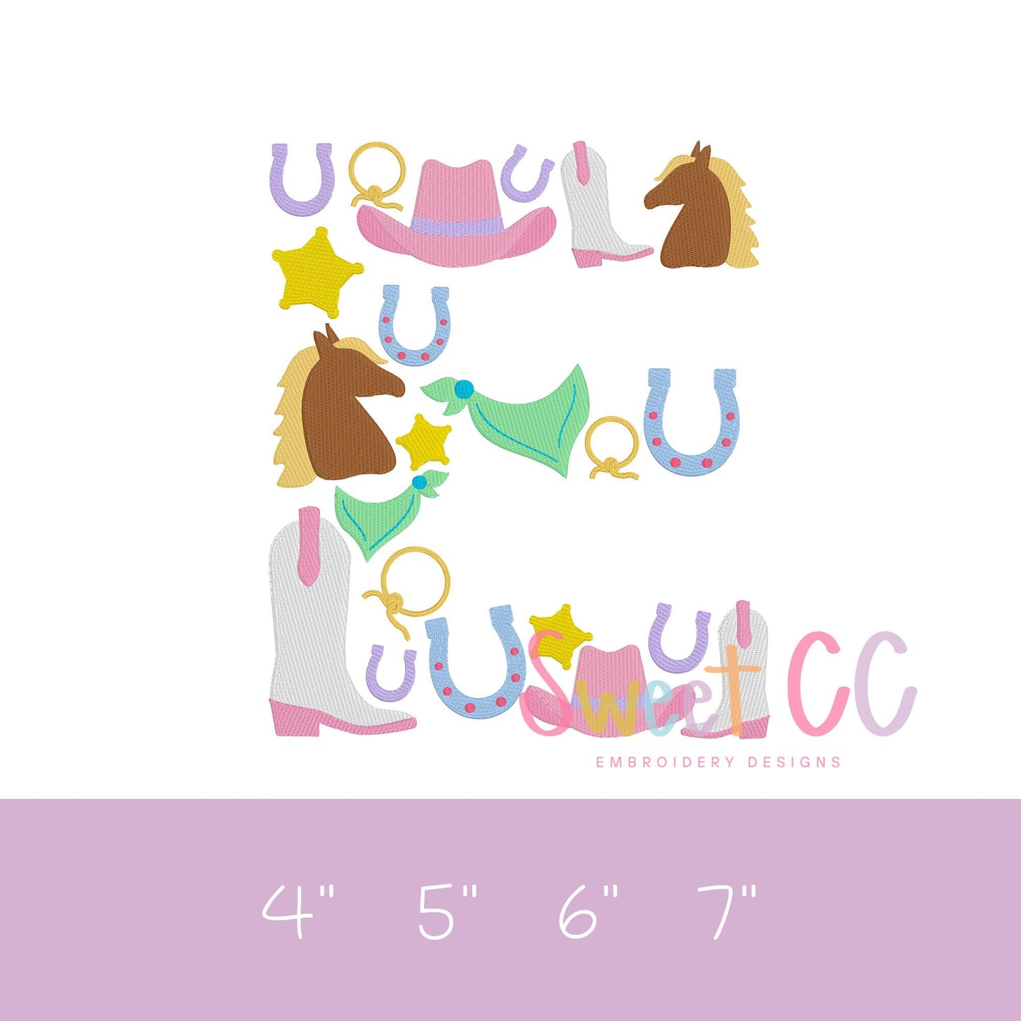 Letter E Western Font Fill Stitch Machine Embroidery Design 4", 5", 6", 7" cowgirl, cowboy, boots, horseshoe, pony, horse