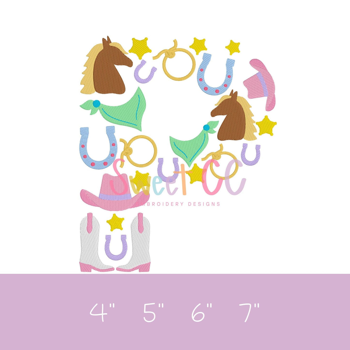 Letter P Western Font Fill Stitch Machine Embroidery Design 4", 5", 6", 7" cowgirl, cowboy, boots, horseshoe, pony, horse