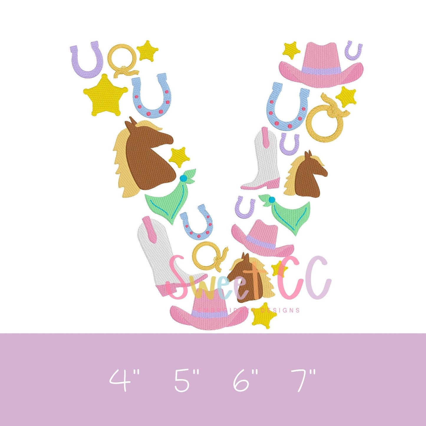 Letter V Western Font Fill Stitch Machine Embroidery Design 4", 5", 6", 7" cowgirl, cowboy, boots, horseshoe, pony, horse