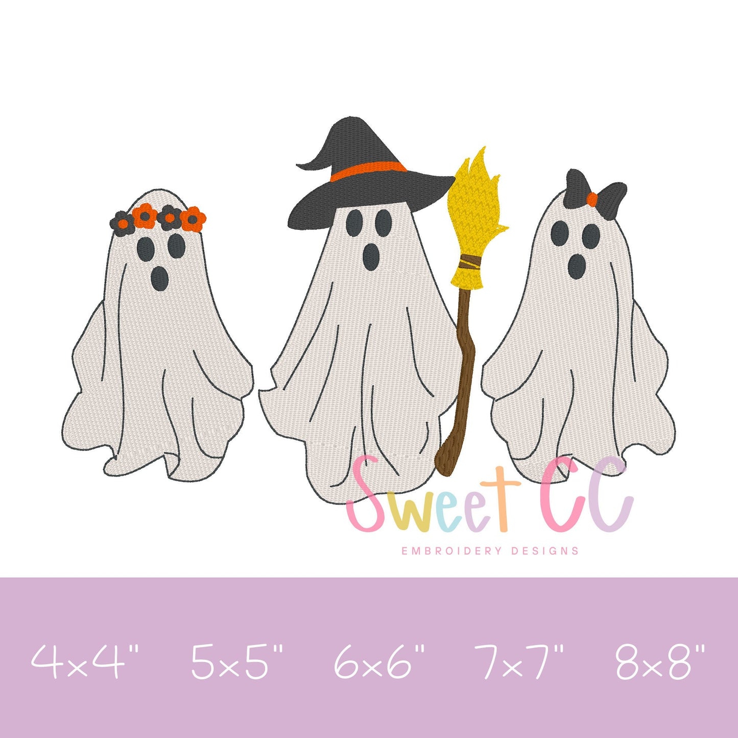 Girly Ghouls Trio FILL Stitch Machine Embroidery Design 4x4 5x5 6x6 7X7 8x8 halloween ghost