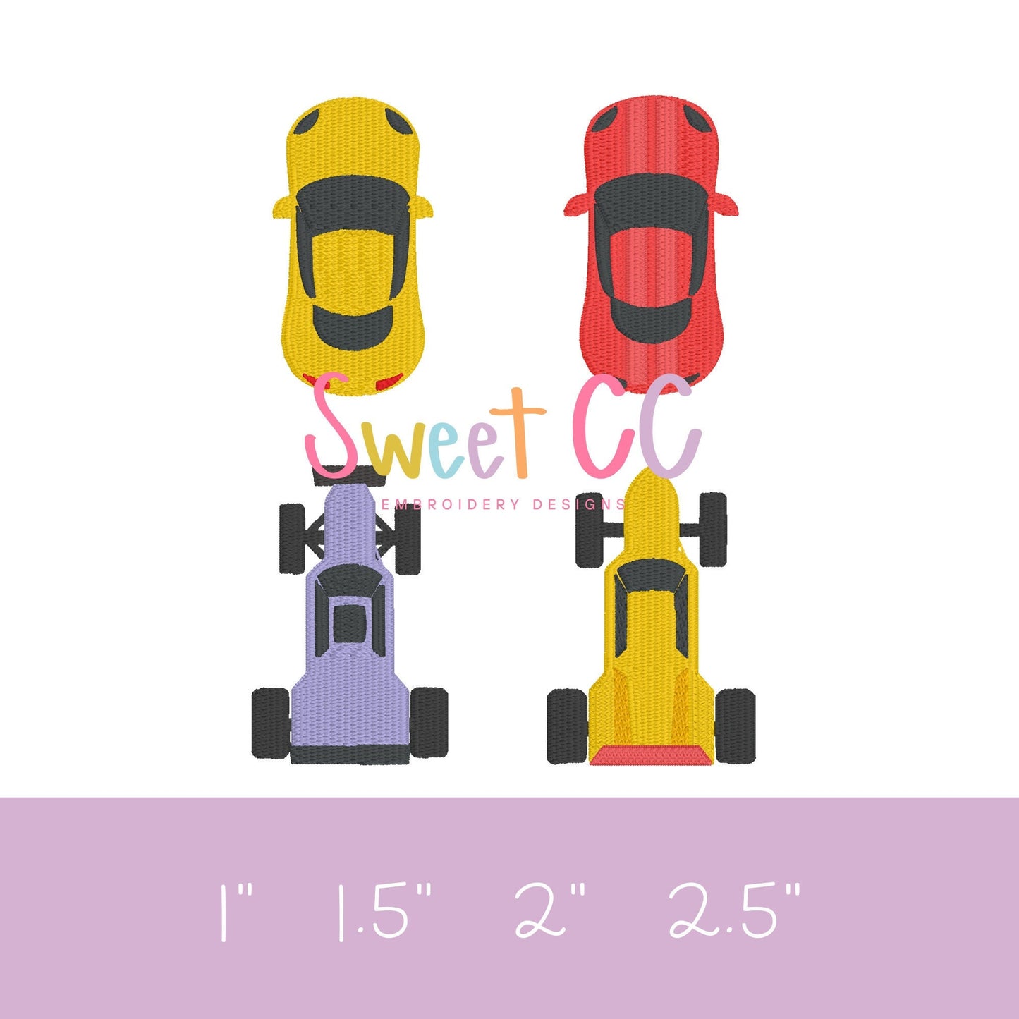 Race Cars Mini Fill Stitch Embroidery Design 1", 1.5", 2", 2.5" cars racing go cart, Grand Prix