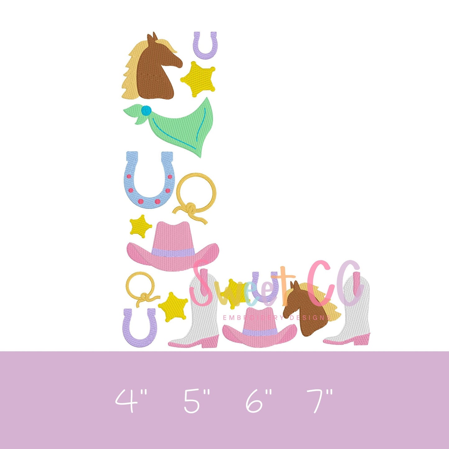 Letter L Western Font Fill Stitch Machine Embroidery Design 4", 5", 6", 7" cowgirl, cowboy, boots, horseshoe, pony, horse