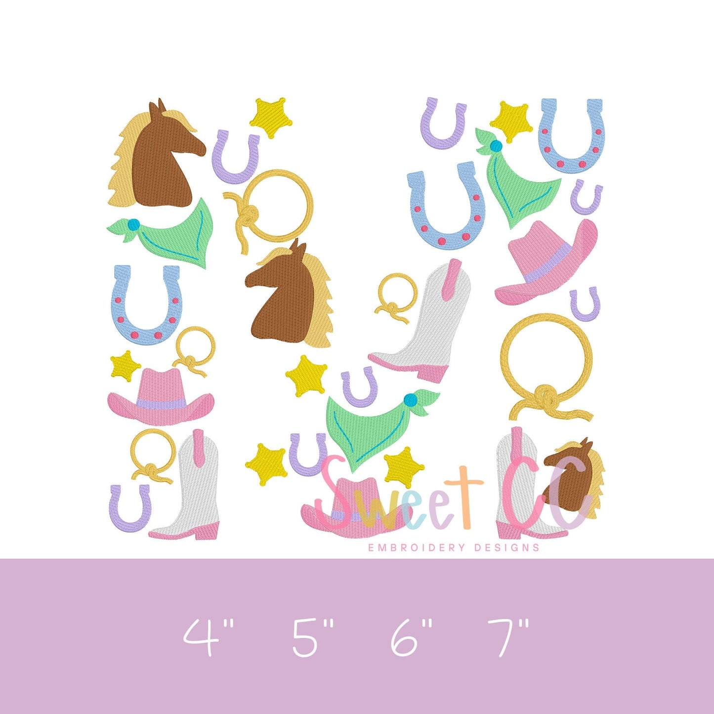 Letter M Western Font Fill Stitch Machine Embroidery Design 4", 5", 6", 7" cowgirl, cowboy, boots, horseshoe, pony, horse