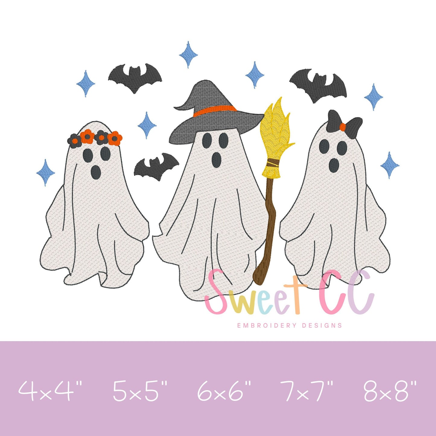 Girly Ghouls Trio Bats and Stars Sketch Stitch Machine Embroidery Design 4x4 5x5 6x6 7X7 8x8 halloween ghost