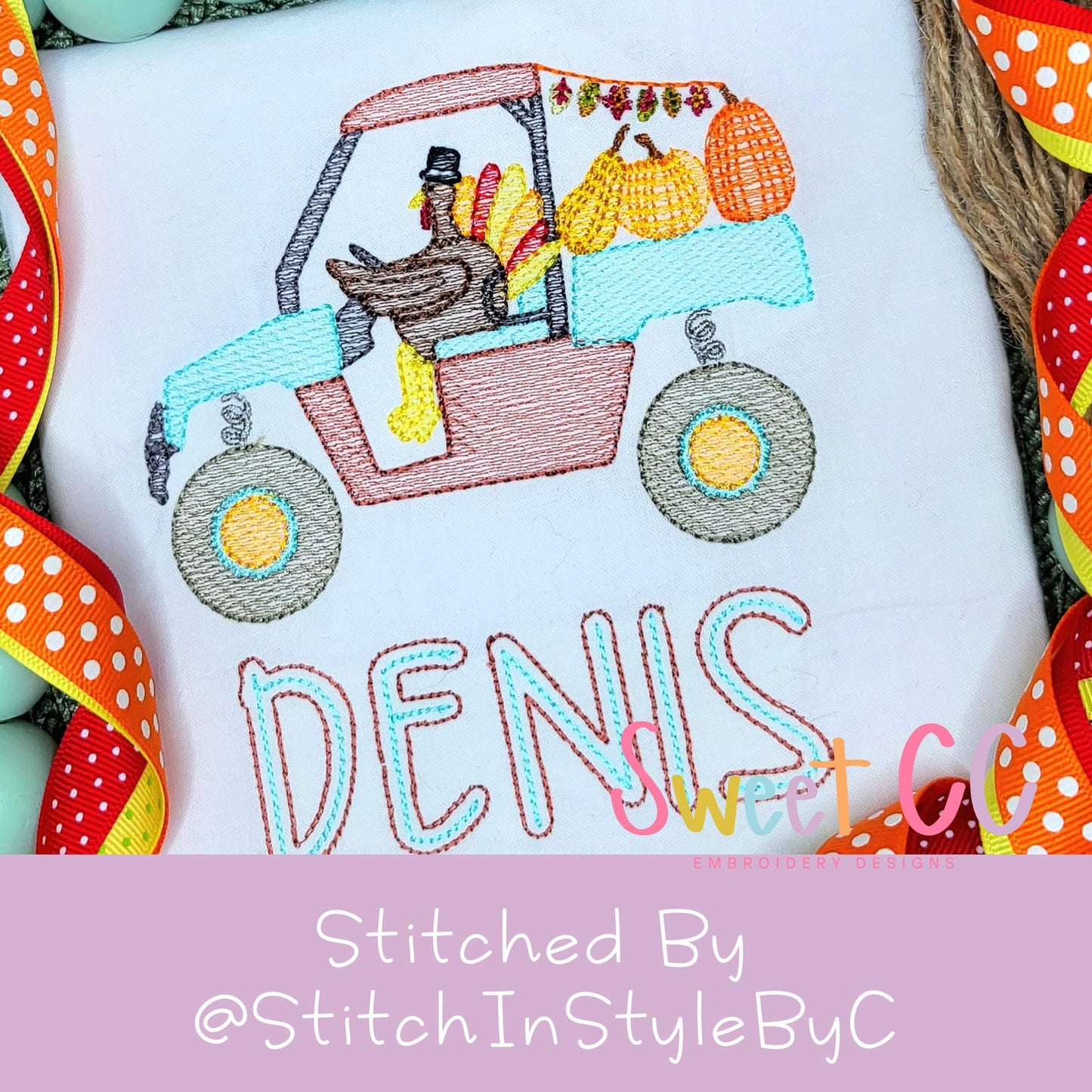 Happy Turkey All Terrain Vehicle Sketch Stitch Embroidery Design 4x4, 5x5, 6x6, 7x7, 8x8 UTV, ATV, Thanksgiving, fall, pumpkin patch