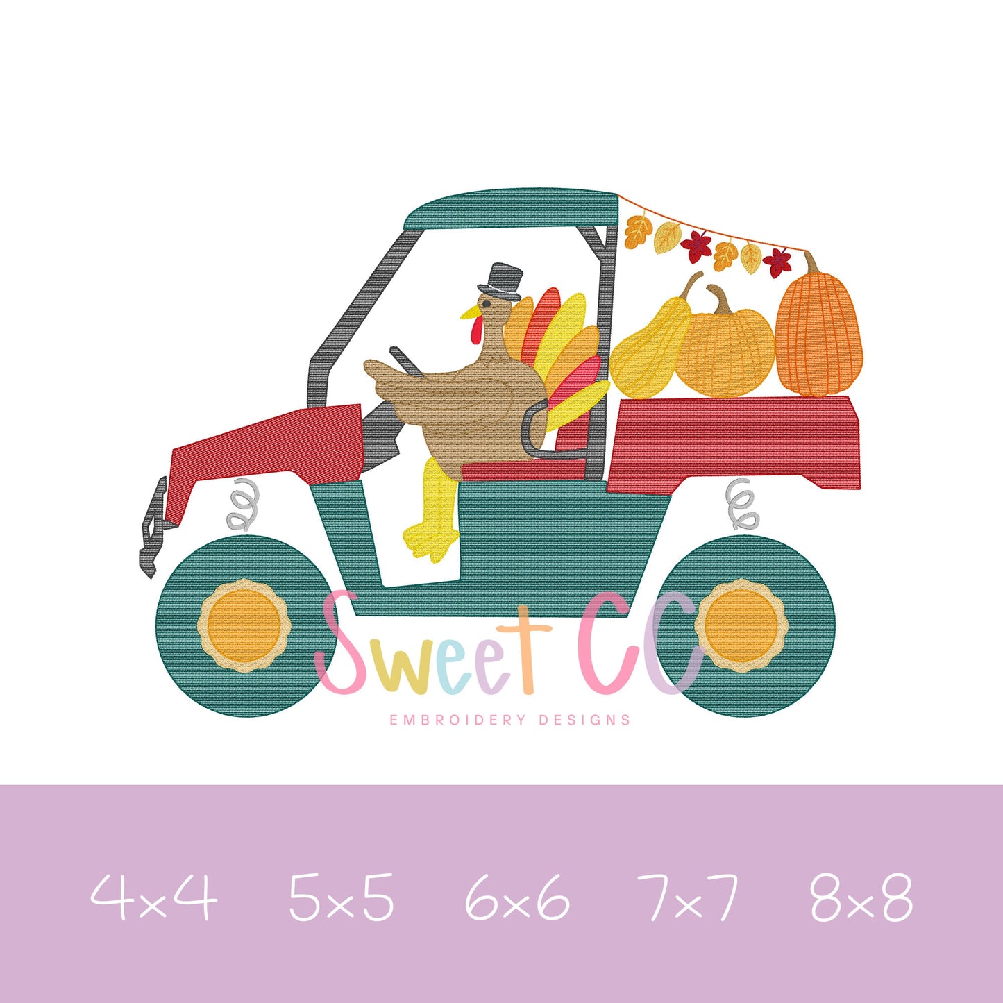 Happy Turkey All Terrain Vehicle Sketch Stitch Embroidery Design 4x4, 5x5, 6x6, 7x7, 8x8 UTV, ATV, Thanksgiving, fall, pumpkin patch