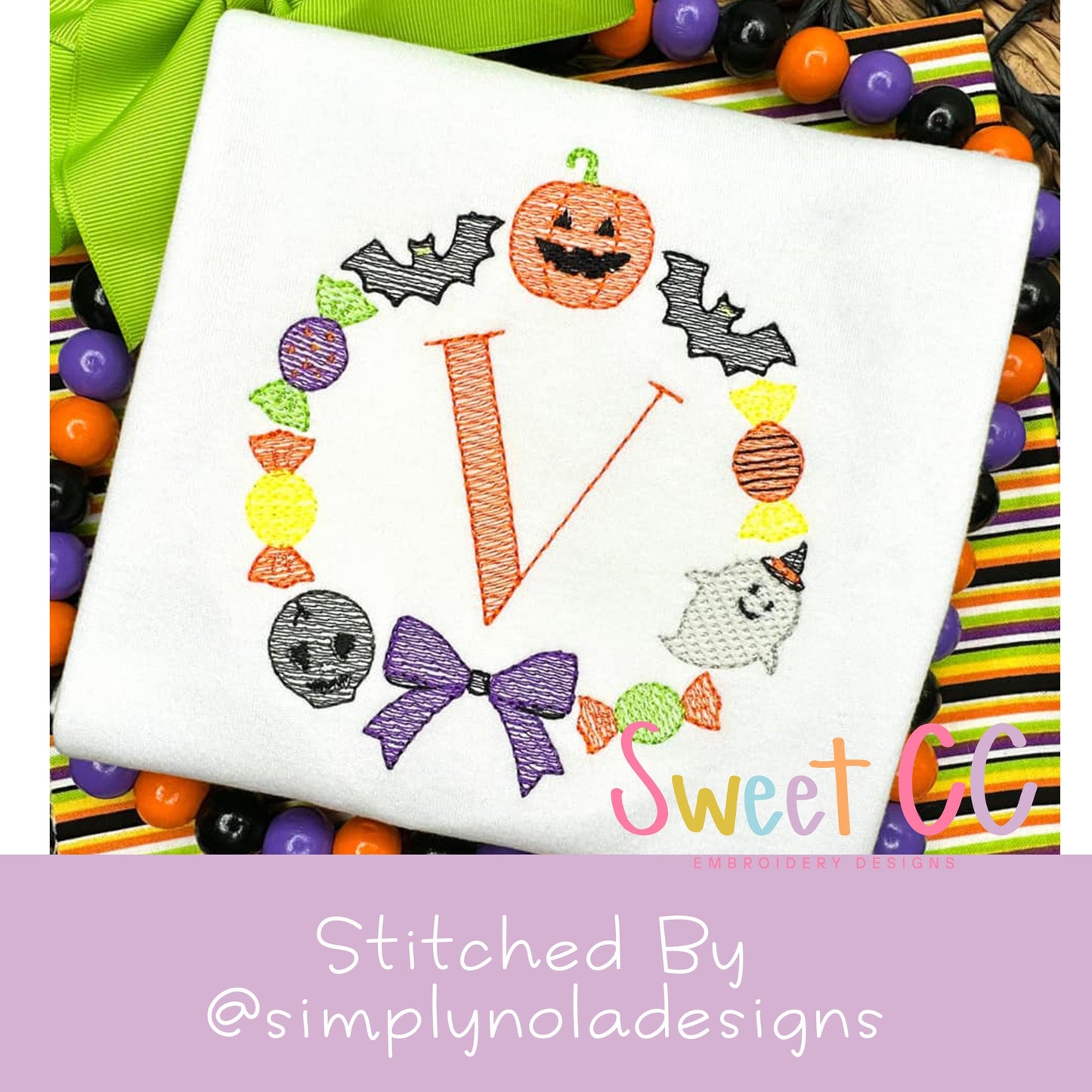 Spooky Wreath Sketch Stitch Embroidery Design 4x4, 5x5, 6x6, 7x7, 8x8 halloween, candy, bow, ghost, bats