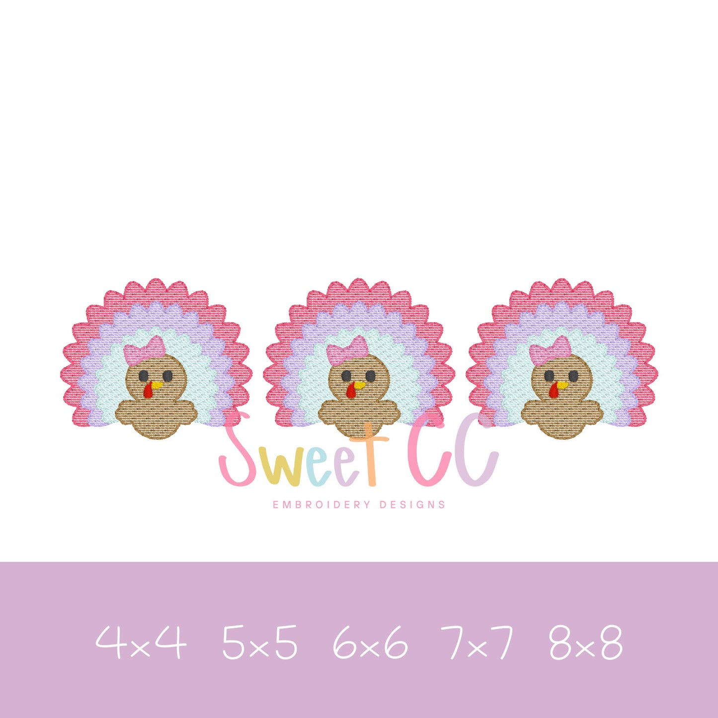 Turkey Bow Trio Sketch Stitch Embroidery Design 4x4, 5x5, 6x6, 7x7, 8x8 thanksgiving, fall