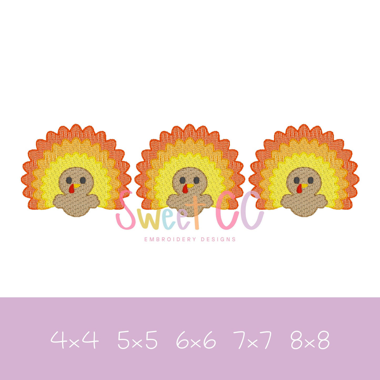Turkey Trio Sketch Stitch Embroidery Design 4x4, 5x5, 6x6, 7x7, 8x8 thanksgiving, fall