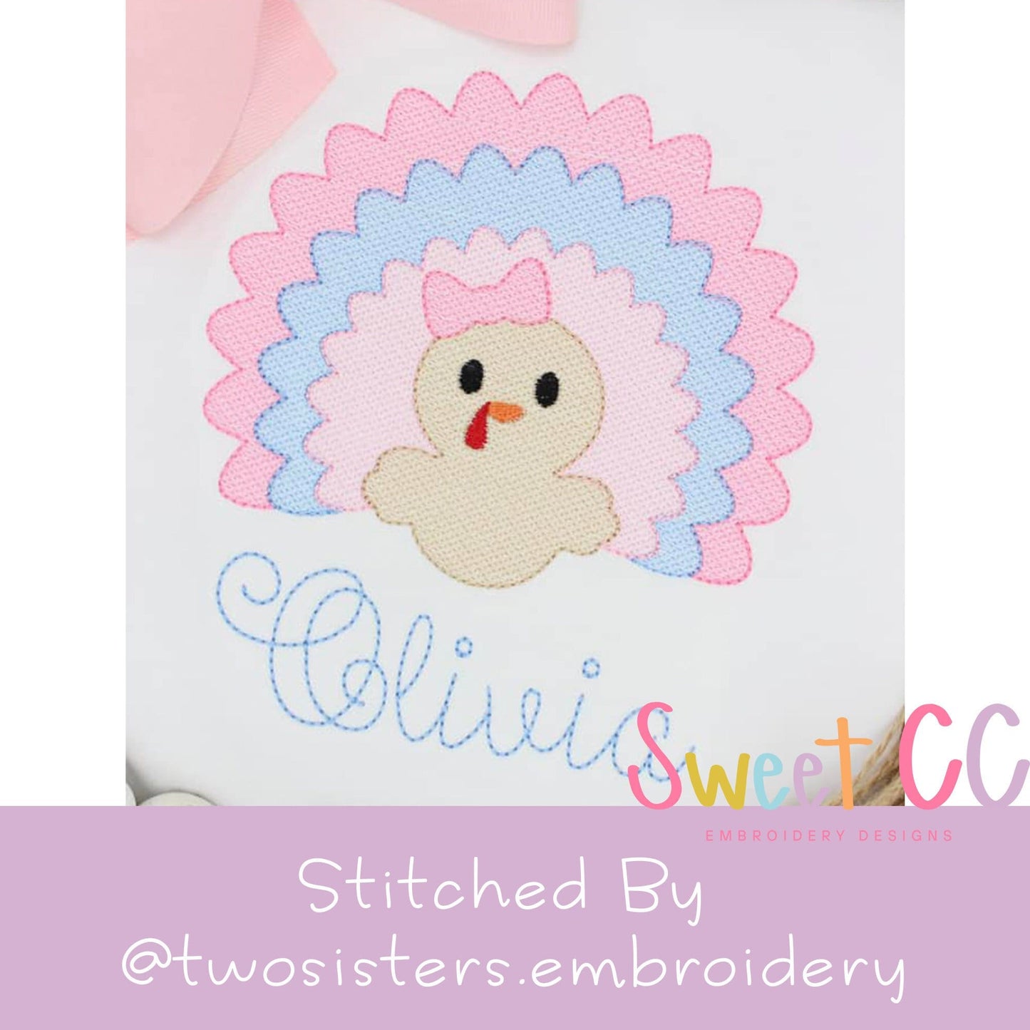 Turkey Bow Sketch Stitch Embroidery Design 4x4, 5x5, 6x6, 7x7, 8x8 thanksgiving, fall
