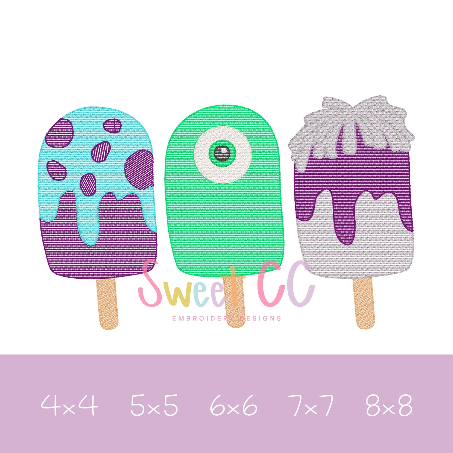Monster Popsicles Sketch Stitch Embroidery Design 4x4, 5x5, 6x6, 7x7, 8x8