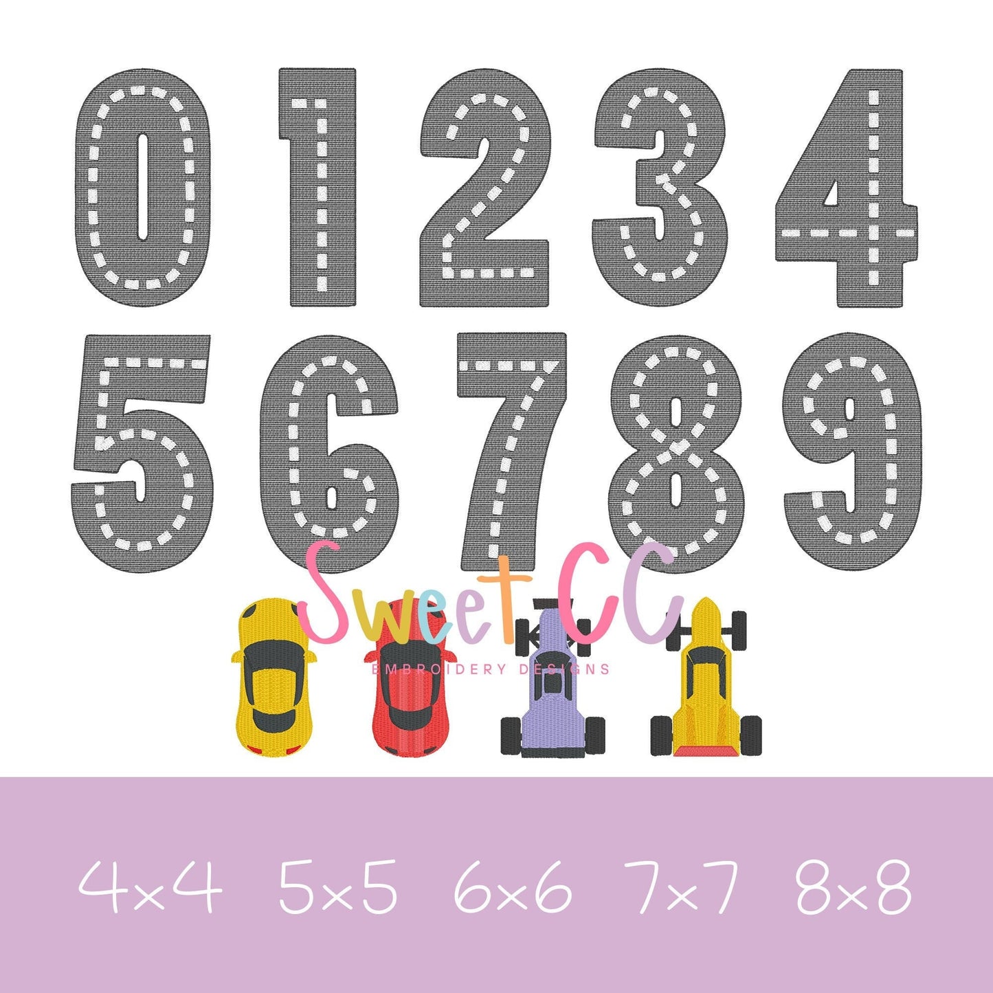 Build Your own Race Track Sketch Stitch Numbers 0-9 with Mini Fill Cars Embroidery Design 4x4, 5x5, 6x6, 7x7, 8x8 1, 2, 3, 4, 5, 6, 7, 8,