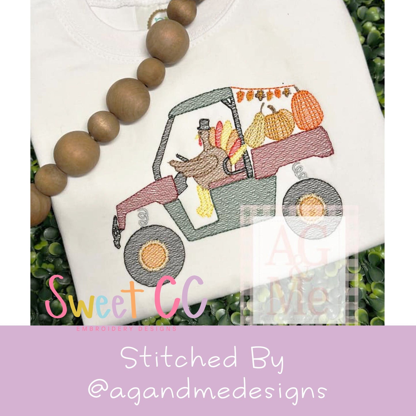 Happy Turkey All Terrain Vehicle Sketch Stitch Embroidery Design 4x4, 5x5, 6x6, 7x7, 8x8 UTV, ATV, Thanksgiving, fall, pumpkin patch