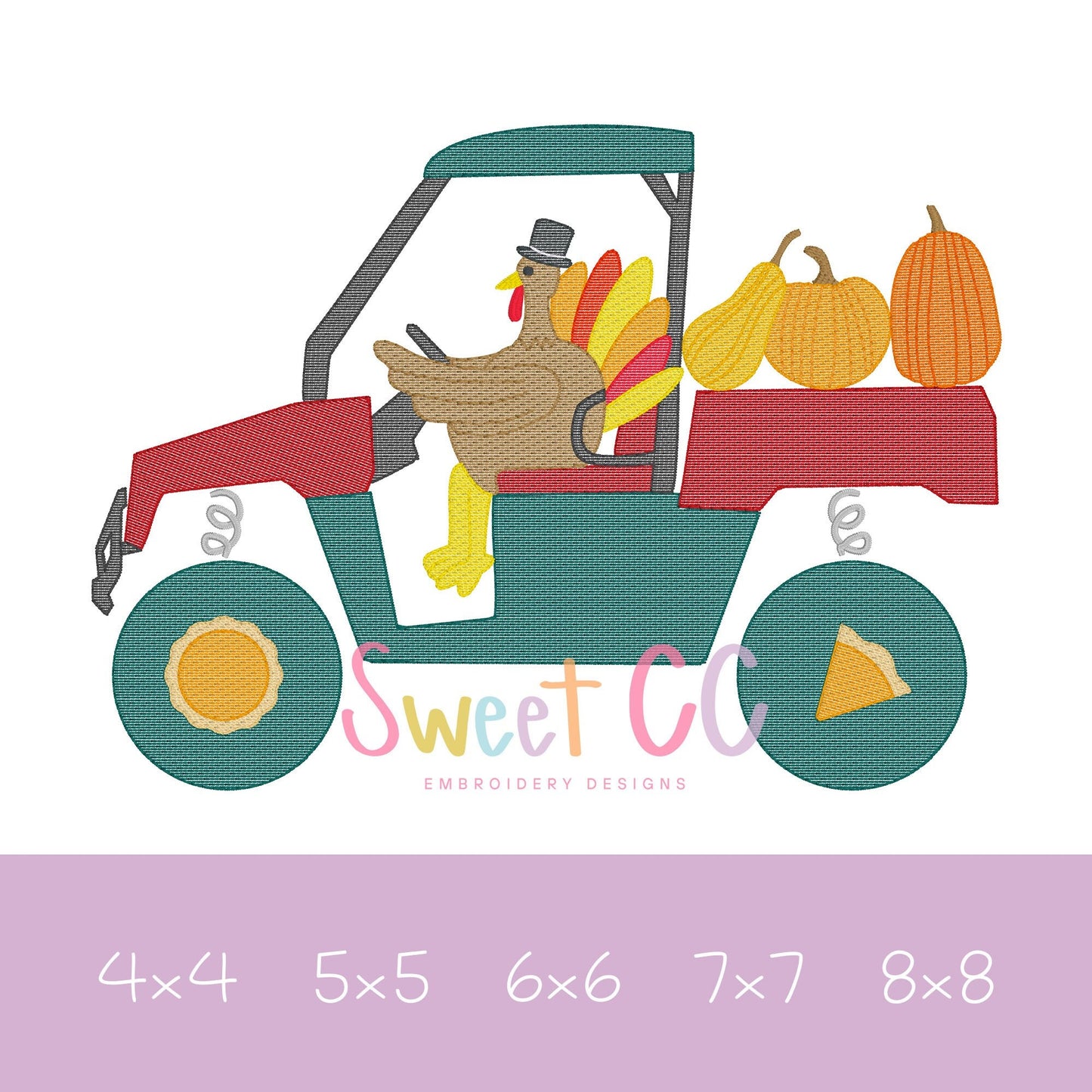 Happy Turkey Without Leaves All Terrain Vehicle Sketch Stitch Embroidery Design 4x4, 5x5, 6x6, 7x7, 8x8 UTV, ATV, Thanksgiving, fall