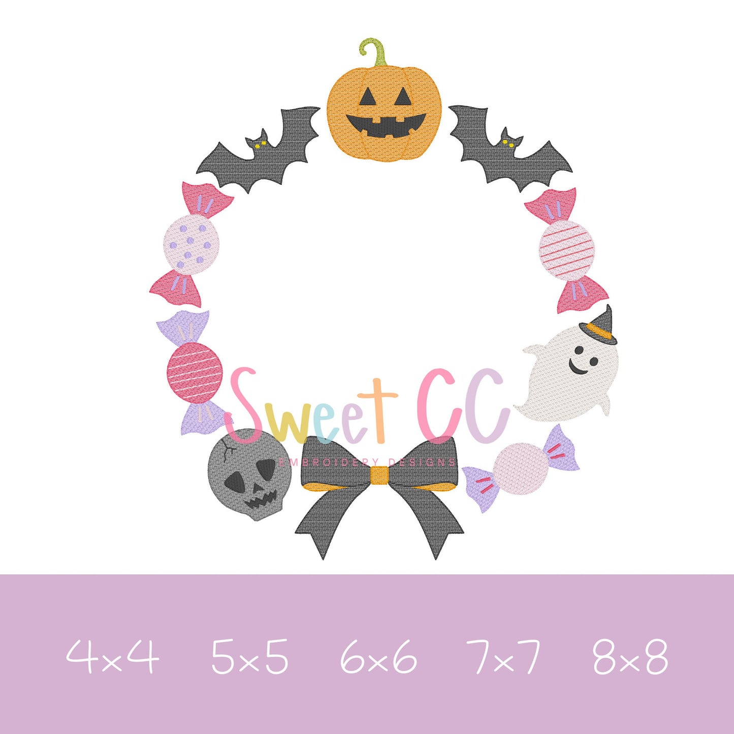 Spooky Wreath Sketch Stitch Embroidery Design 4x4, 5x5, 6x6, 7x7, 8x8 halloween, candy, bow, ghost, bats