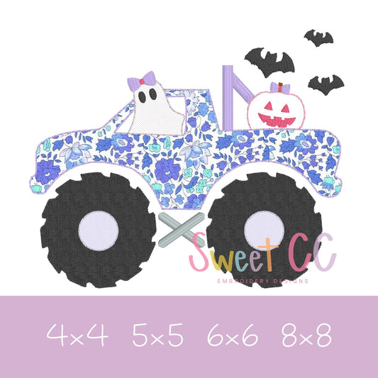 Spooky Bow Monster Truck Bean Stitch Applique Machine Embroidery Design 4x4 5x5 6x6 8x8 Halloween ghost pumpkin bats