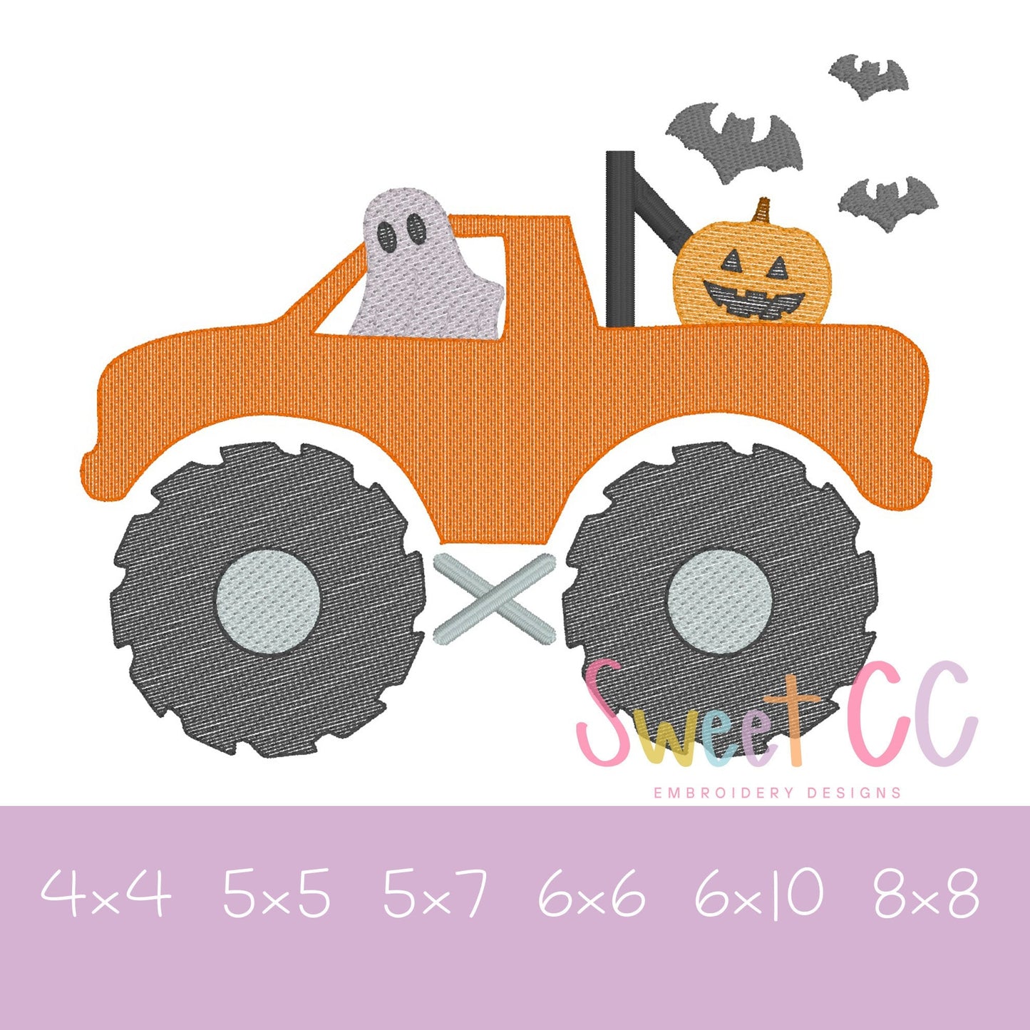 Spooky Monster Truck Sketch Stitch Machine Embroidery Design 4x4 5x5 6x6 8x8 Halloween ghost pumpkin bats