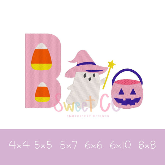 Boo! Fill Stitch Machine Embroidery Design 4x4 5x5 5x7 6x6 6x10 8x8 Halloween ghost pumpkin witch candy