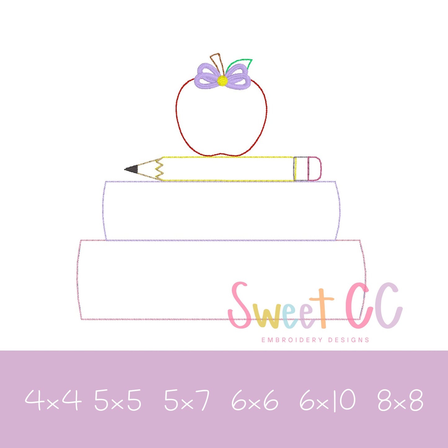 Bow Book Stack Bean Stitch Applique Machine Embroidery Design 4x4 5x5 5x7 6x6 6x10 8x8 Boy girl teacher student