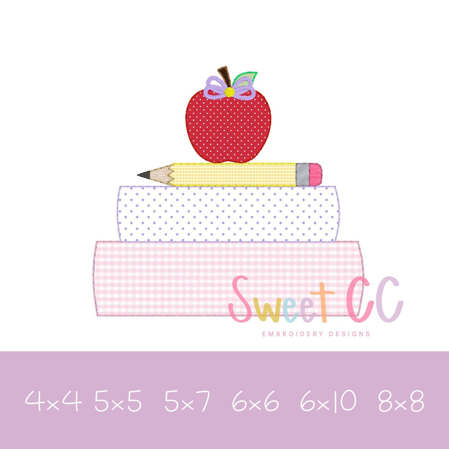 Bow Book Stack Bean Stitch Applique Machine Embroidery Design 4x4 5x5 5x7 6x6 6x10 8x8 Boy girl teacher student