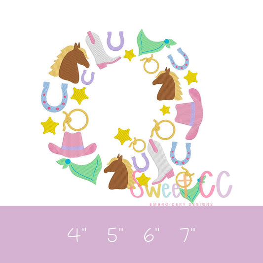 Letter Q Western Font Fill Stitch Machine Embroidery Design 4", 5", 6", 7" cowgirl, cowboy, boots, horseshoe, pony, horse