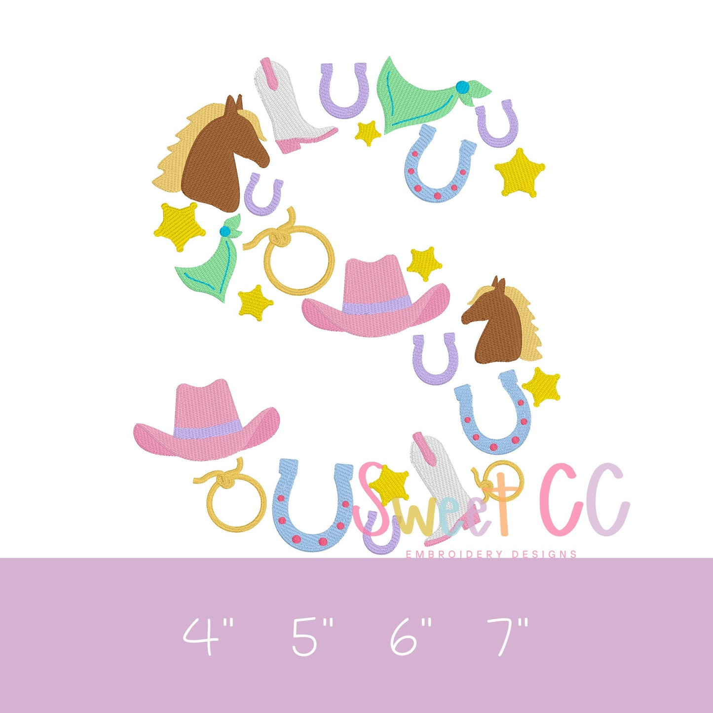 Entire Alphabet Western Font Fill Stitch Machine Embroidery Design 4", 5", 6", 7" cowgirl, cowboy, boots, horseshoe, pony, horse