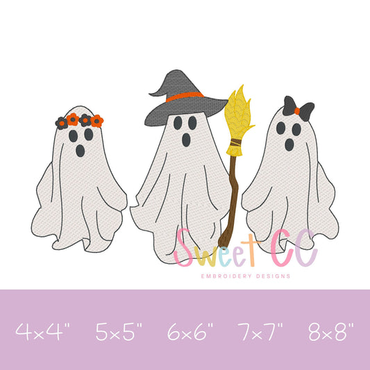 Girly Ghouls Trio Sketch Stitch Machine Embroidery Design 4x4 5x5 6x6 7X7 8x8 halloween ghost