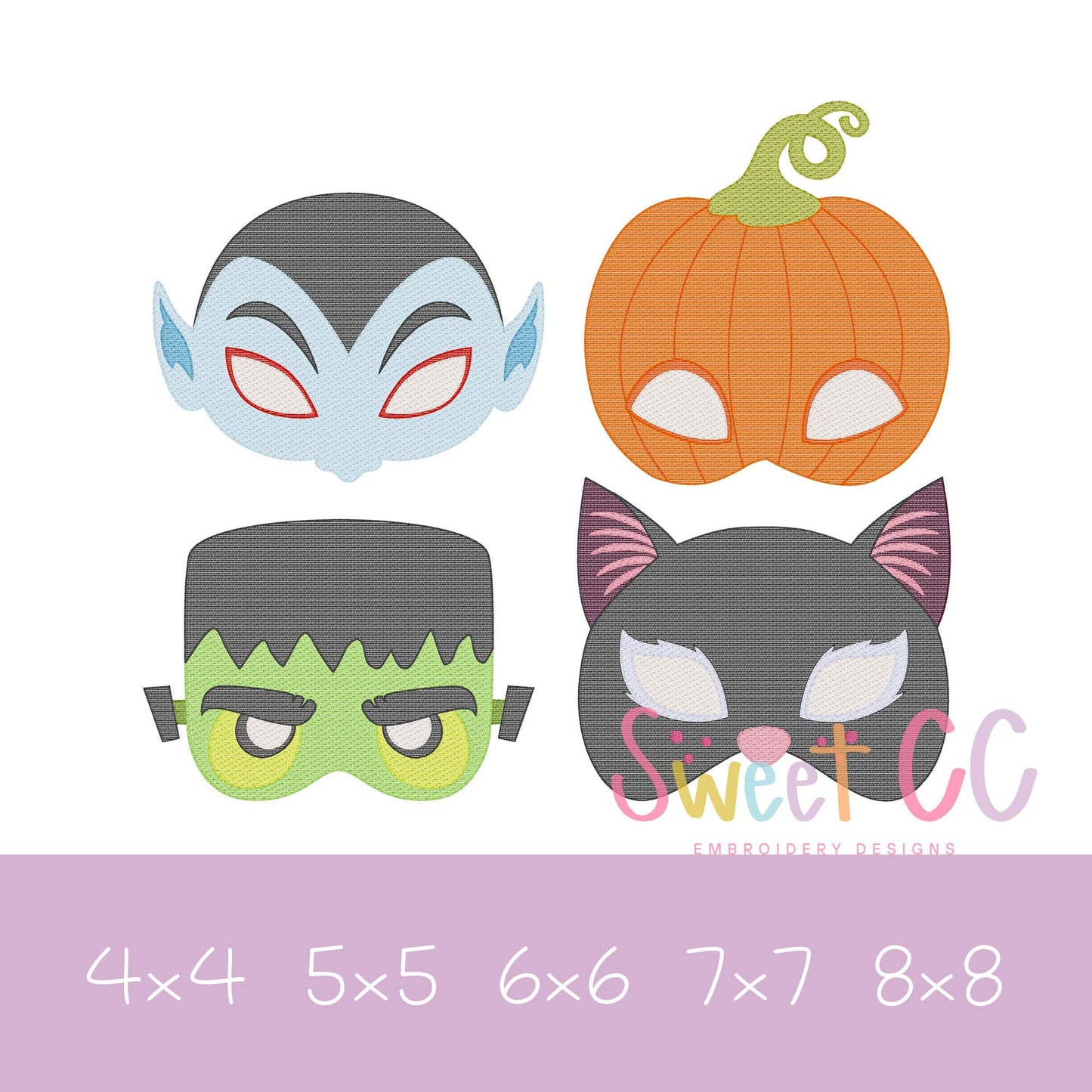 Monster Mask Bundle Sketch Stitch Machine Embroidery Design 4x4 5x5 6x6 7X7 8x8 halloween cat vampire pumpkin