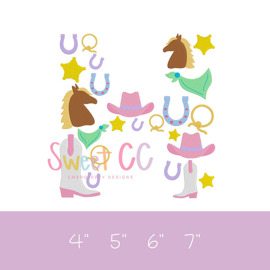 Letter H Western Font Fill Stitch Machine Embroidery Design 4", 5", 6", 7" cowgirl, cowboy, boots, horseshoe, pony, horse