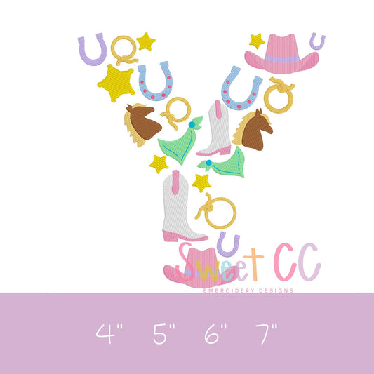 Letter Y Western Font Fill Stitch Machine Embroidery Design 4", 5", 6", 7" cowgirl, cowboy, boots, horseshoe, pony, horse