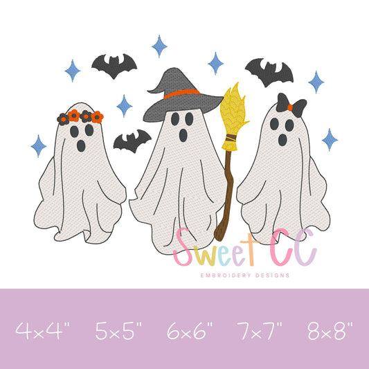 Girly Ghouls Trio Bats and Stars Sketch Stitch Machine Embroidery Design 4x4 5x5 6x6 7X7 8x8 halloween ghost