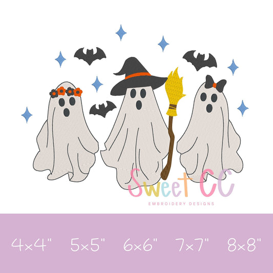 Girly Ghouls Trio Bats and Stars FILL Stitch Machine Embroidery Design 4x4 5x5 6x6 7X7 8x8 halloween ghost