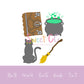 HP Witchy Friends Sketch Stitch Embroidery Design 4x4, 5x5, 6x6, 7x7, 8x8 book, bubbly cauldron, broom, black cat